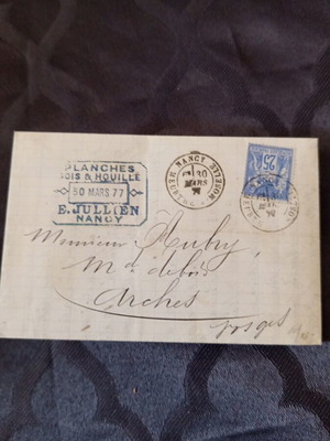 French letter from 1877 used with three postal stamps and company seal