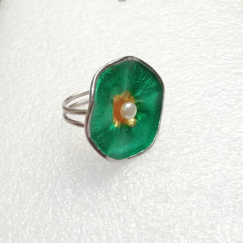 Silver 985 ring with enamel and white freshwater pearl, adjustable size