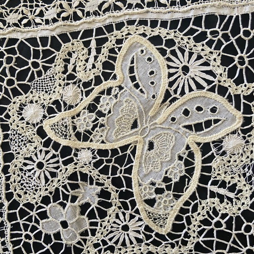 Handmade Tutone lace table runner with butterfly and cherub