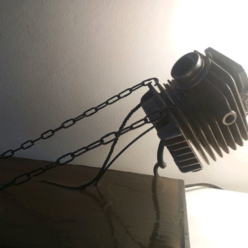 Handmade desk lamp from chainsaw parts and wood new