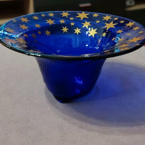 Blue glass bowl with gold stars like new, vintage
