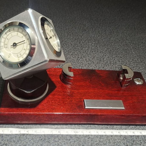 Vintage office set with rotating cube clock, thermometer & hygrometer on wooden base like new