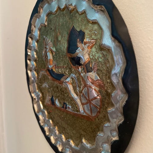 Decorative wall plate used, brass with Egyptian warrior