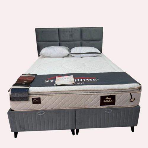 Bed 160x200 with Headboard, Base & Mattress, new, grey water-repellent fabric