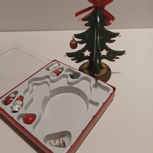 Christmas tree decoration wooden with miniatures and balls