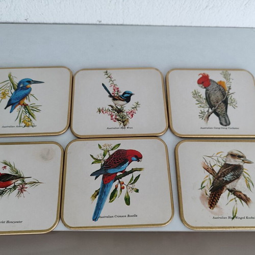 Vintage set of 6 coasters with Australian birds used