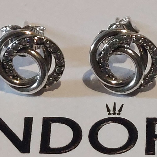 Pandora earrings new with three intertwined circles and cubic zirconia