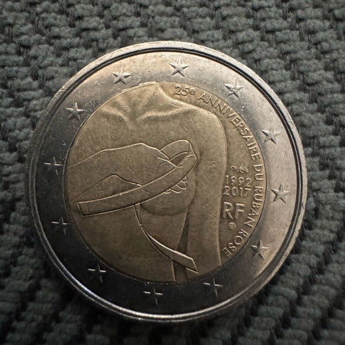 Collectible 2€ coin used for 25th anniversary of pink ribbon breast cancer
