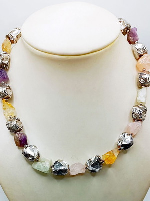 Ασημένιο 925 κολιέ καινούργιο με ορυκτές πέτρες 57 εκ, επιπλατινωμένο