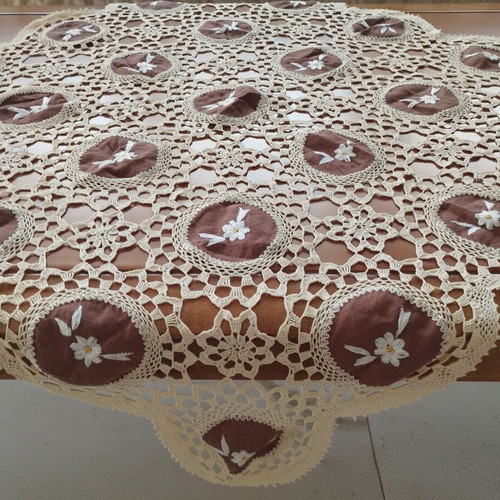 Vintage handmade crochet table linen with brown embroidered motifs, 70x70 cm