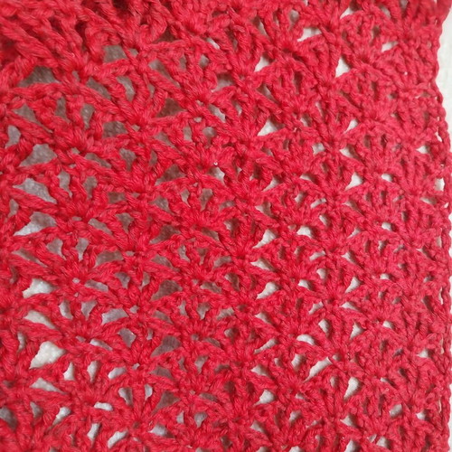 Red merino and silk crochet shawl with sequins