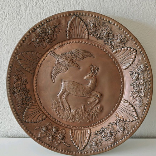 Vintage metal plate with embossed deer and bird, brass, new