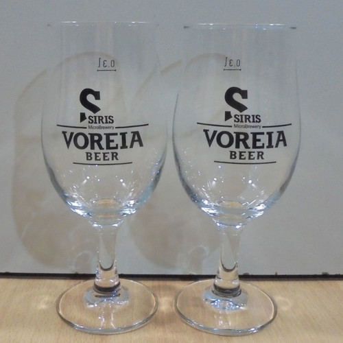 Siris Voreia beer set of two used promotional stemmed glasses 0.3lt