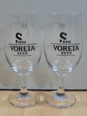 Siris Voreia beer set of two used promotional stemmed glasses 0.3lt