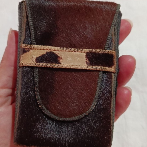 Vintage authentic leather cigarette case with fur, 1970s