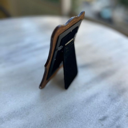 Mini Genuine Leather Photo Frame with Gold Metal Border