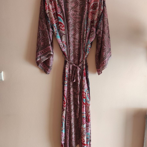 Silk kimono long with multicolor patterns, one size fits L XL, new