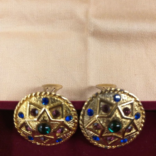 D' Orlan earrings used, Byzantine-Etruscan design with colored rhinestones