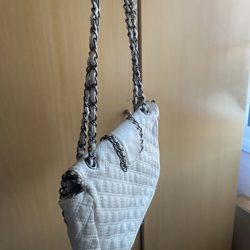Quilted chain shoulder bag used, cream beige with decorative chains