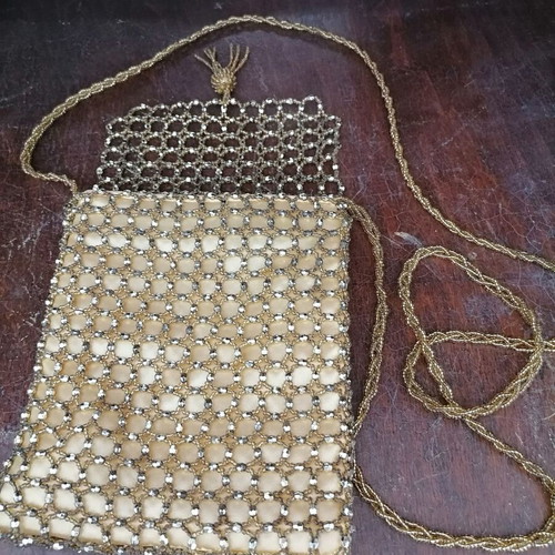 Evening bag used, gold-yellow shoulder with beaded chain strap