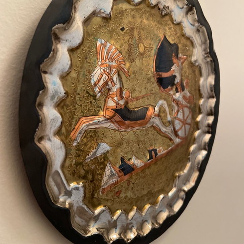 Decorative wall plate used, brass with Egyptian warrior