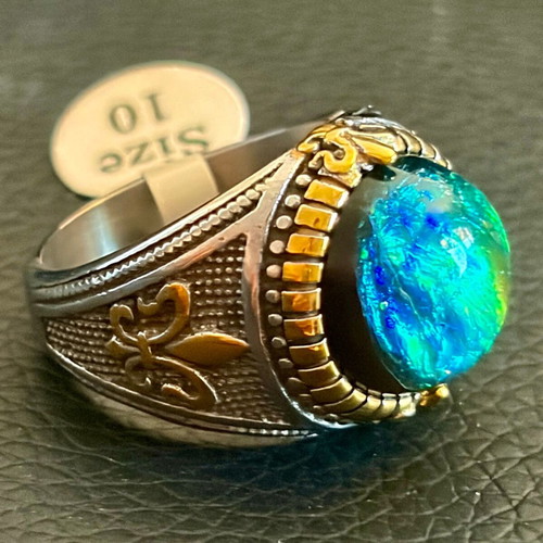 Chameleon Stone Gothic Ring new, stainless steel, green and gold