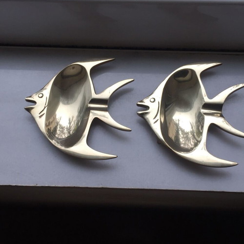 Brass decorative ashtrays used, vintage fish-shaped set