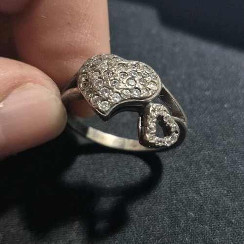 Silver 925 Iris ring with double heart and zircon, like new, size 19