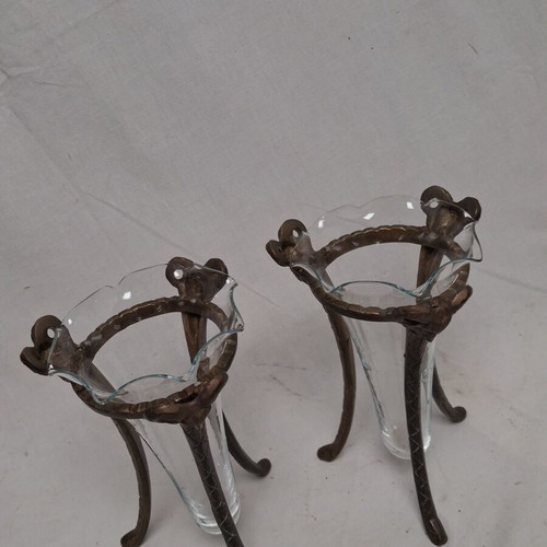 Art Nouveau vases with bronze bases and original blown glass inserts, like new