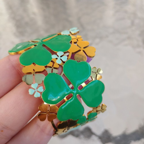 Steel Bracelet Cuff with Green Four-Leaf Clovers, New