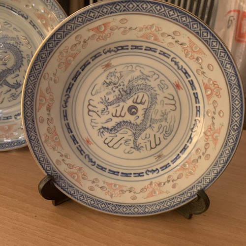 Vintage Chinese decorative plates used, set of two with stands