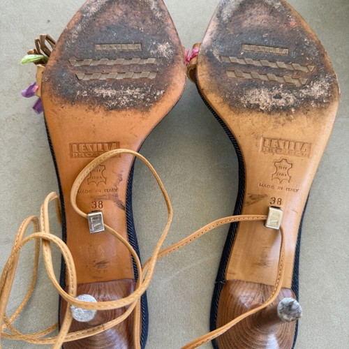 Le Silla Project Vintage Denim Raffia Flower Lace-Up Heels Size 38 like new