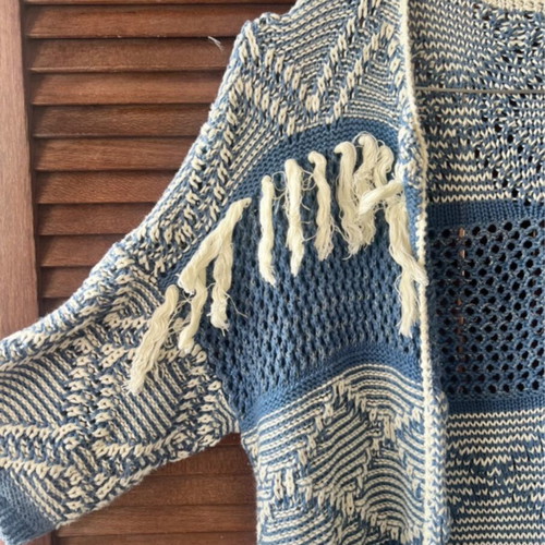 See U Soon Boho Knitted Kimono with Fringes One Size like new, blue and ecru