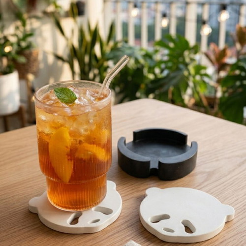 Minimal Cement Panda Coaster Set with Base made to order