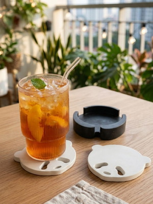 Minimal Cement Panda Coaster Set with Base made to order