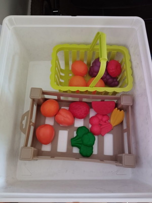 Baby fruits like new with crate and basket