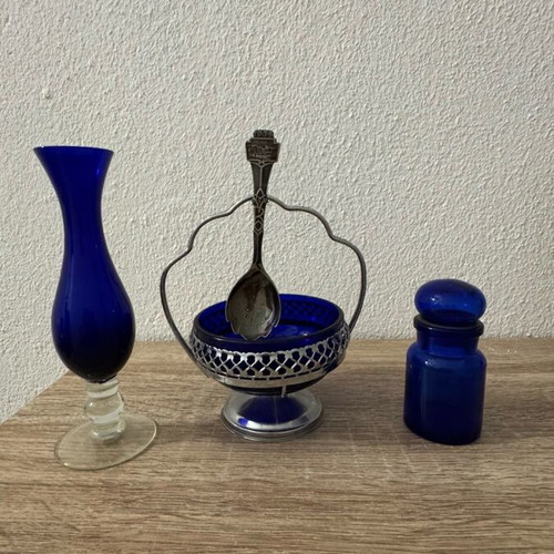 Cobalt blue glass set used with English sugar bowl