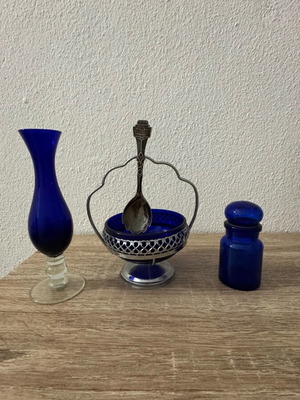 Cobalt blue glass set used with English sugar bowl