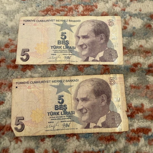Turkish lira used, two 5 lira banknotes