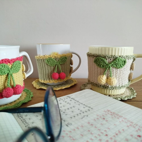 Handmade mug set with cotton yarn cozy and coaster