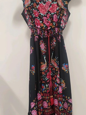 Boho black dress like new with colorful patterns and waist cord