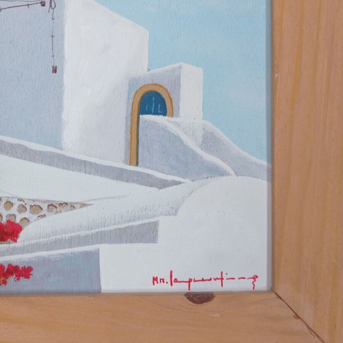 Painting traditional Cycladic landscape in wooden frame used