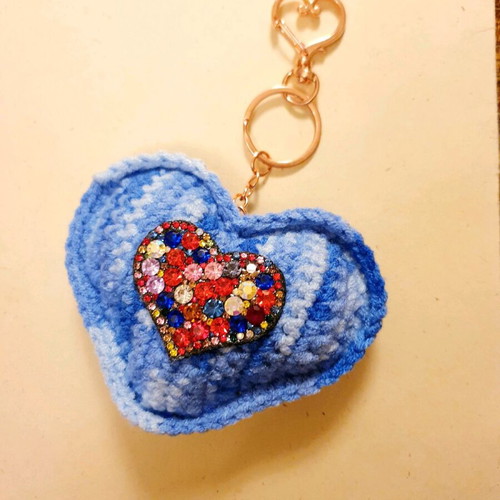 Heart-shaped blue ombre charm keychain with colorful rhinestones handmade new