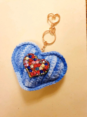 Heart-shaped blue ombre charm keychain with colorful rhinestones handmade new
