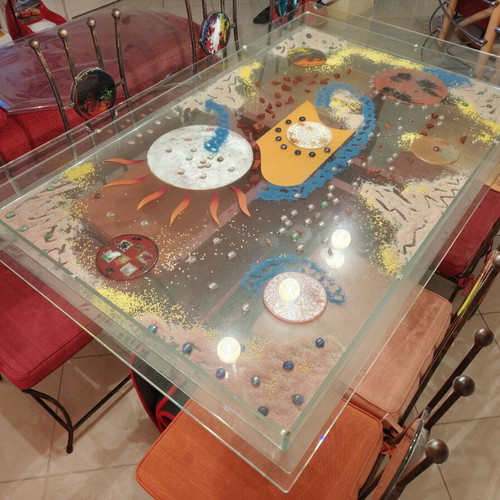 Glass dining table with 8 chairs like new