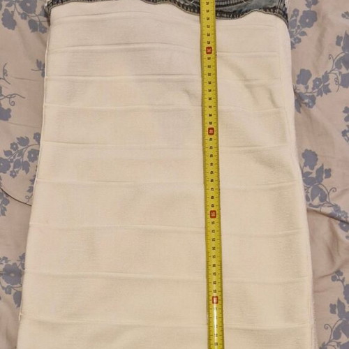 Cinema dress by Panos Zinas, white mini bandage with denim straps and details