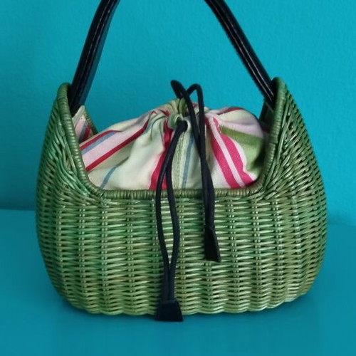 Vintage basket bag handwoven rattan with fabric pouch, like new