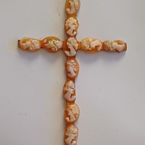 Antique cross pendant with 12 micro-cameos, natural shell & 800 silver