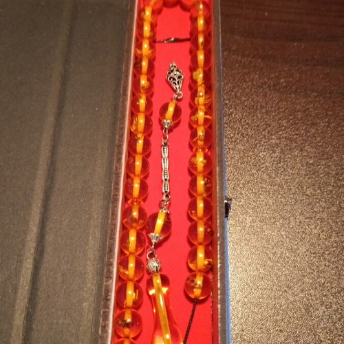 Worry beads handmade from bakelite with amber color and silver finish, new