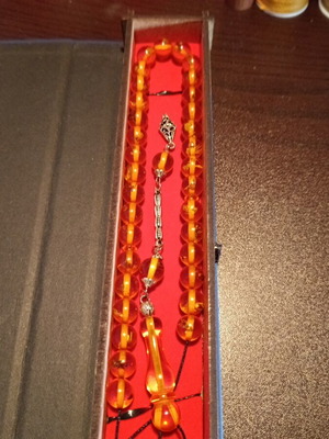 Worry beads handmade from bakelite with amber color and silver finish, new